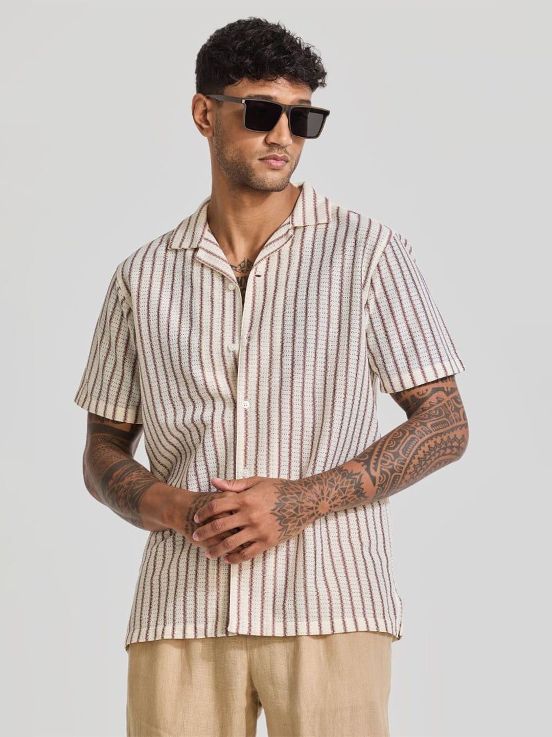

Snitch Men Relaxed Cuban Collar Vertical Striped Cotton Casual Shirt, Beige
