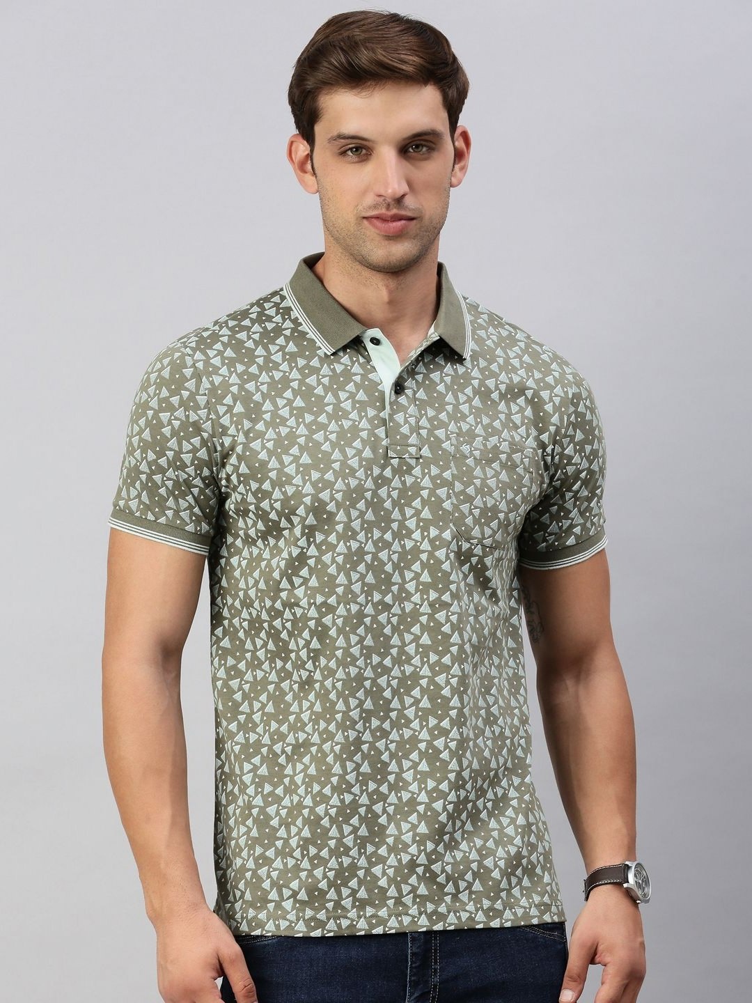 

Classic Polo Men Geometric Printed Polo Collar Cotton T-shirt, Olive