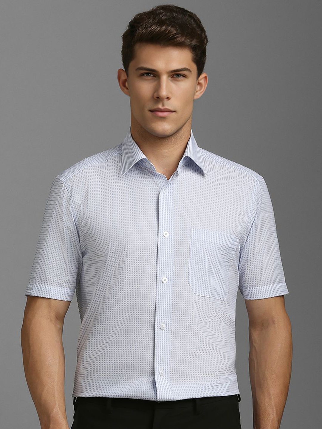 

Louis Philippe Men Classic Spread Collar Textured Cotton Formal Shirt, Blue