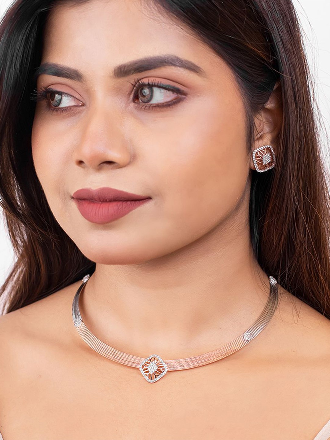 

SILBERRY 925 Sterling 18K Two Tone Rose Gold Silver Stone Studded Jewellery Set