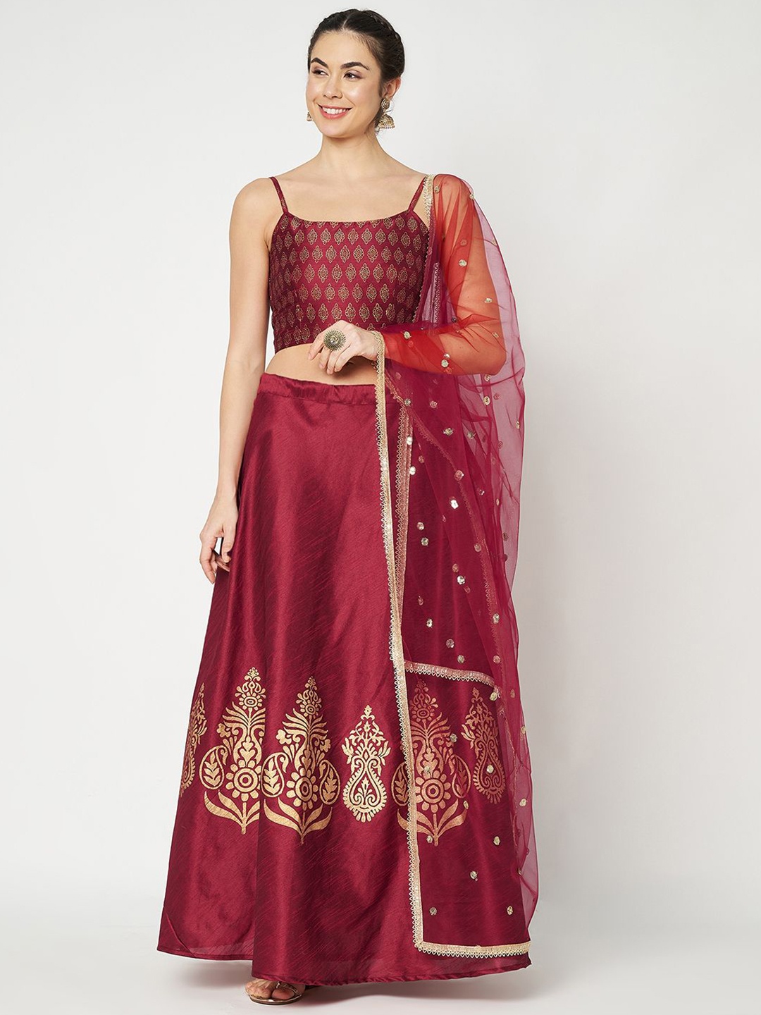 

studio rasa Women Block Printed Ready to Wear Lehenga & Blouse With Dupatta, Maroon