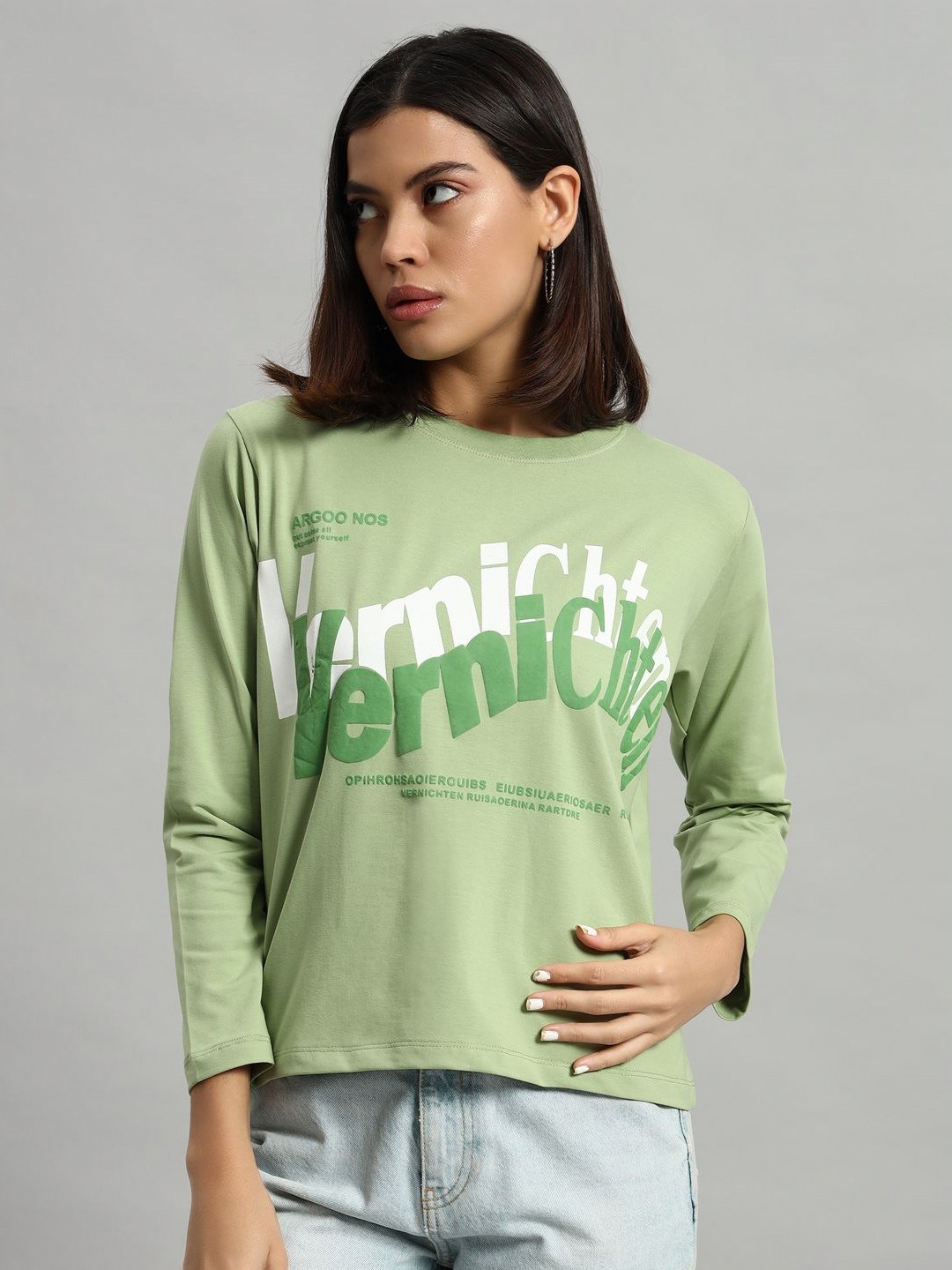 

AECK Women Typography Printed Round Neck Cotton T-shirt, Green