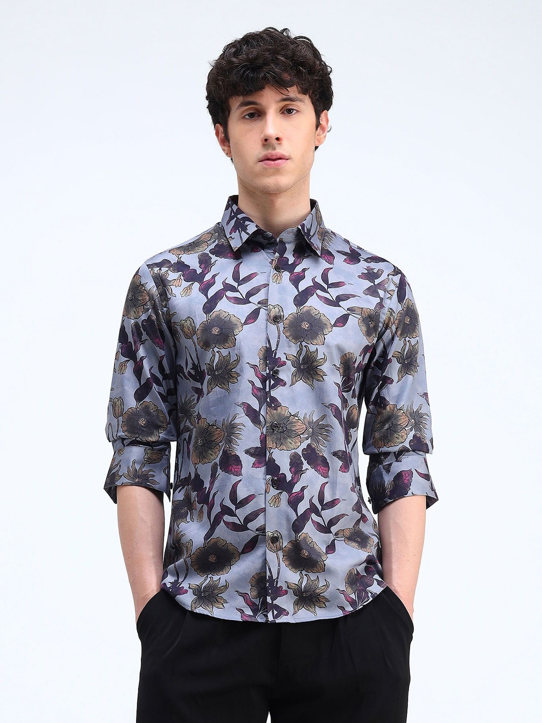 

Flying Machine Men Slim Fit Floral Printed Pure Cotton Casual Shirt, Blue