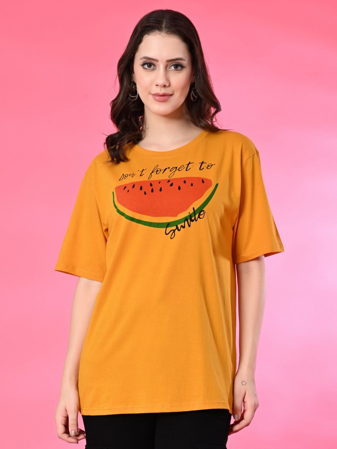 

Funday Fashion Women Typography Printed Round Neck Cotton Relaxed Fit T-shirt, Mustard