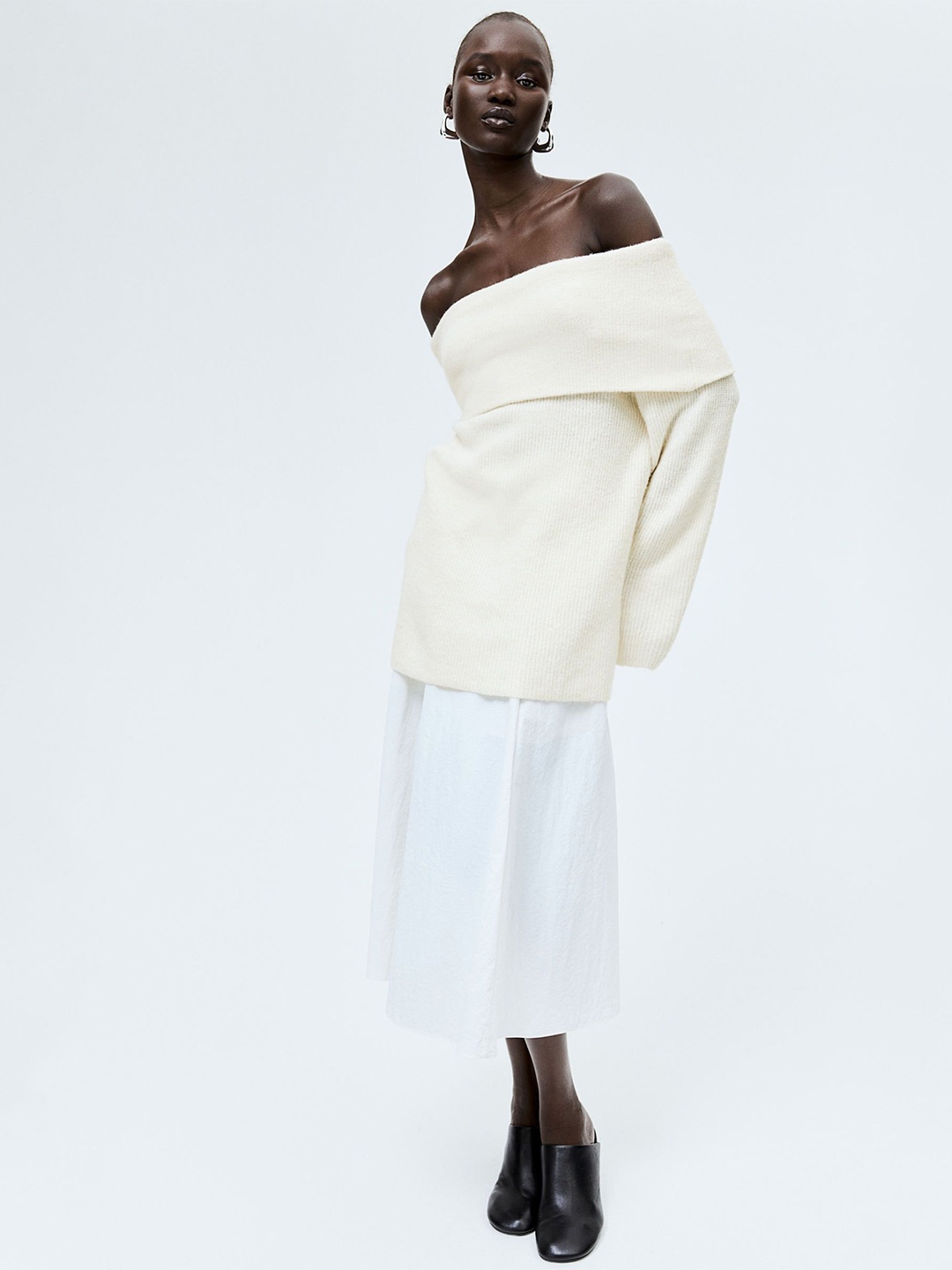 

H&M Rib-Knit Off-The-Shoulder Jumper, Beige