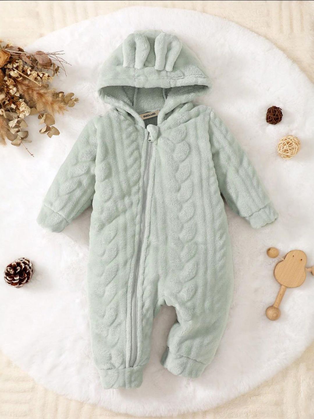 

INCLUD Infants Girls Fleece Hooded Rompers, Green