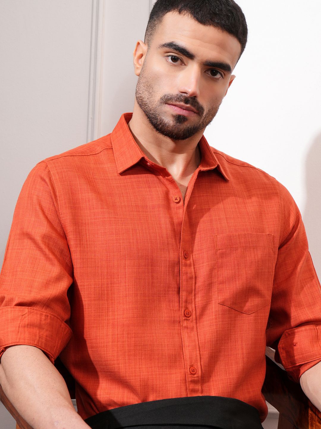 

Locomotive Luxe Men Melange Textured Solid Occasion Shirt, Rust