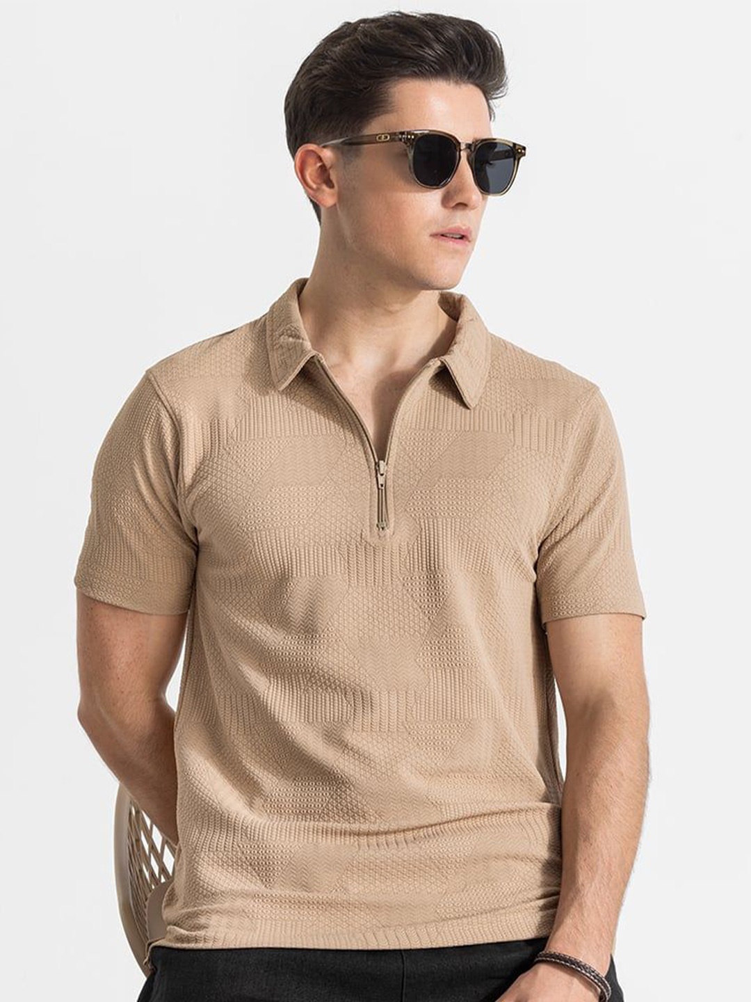 

Snitch Men Self Design Polo Collar T-shirt, Beige