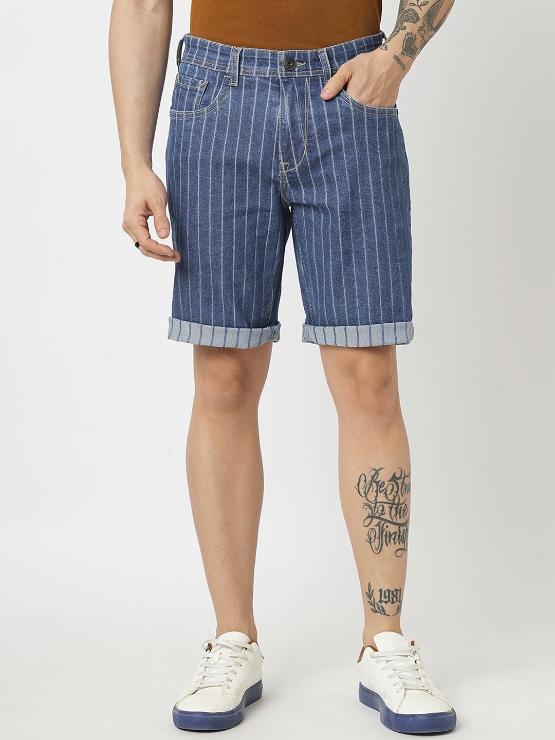 

The Roadster Lifestyle Co Men Striped Mid Rise Shorts, Blue