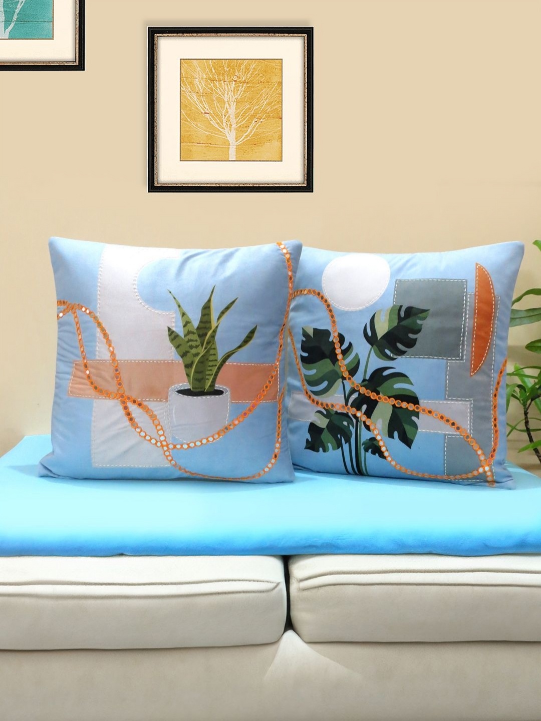 

Mid July Home Blue & Green 2 Pieces Floral Velvet Square Cushion Covers