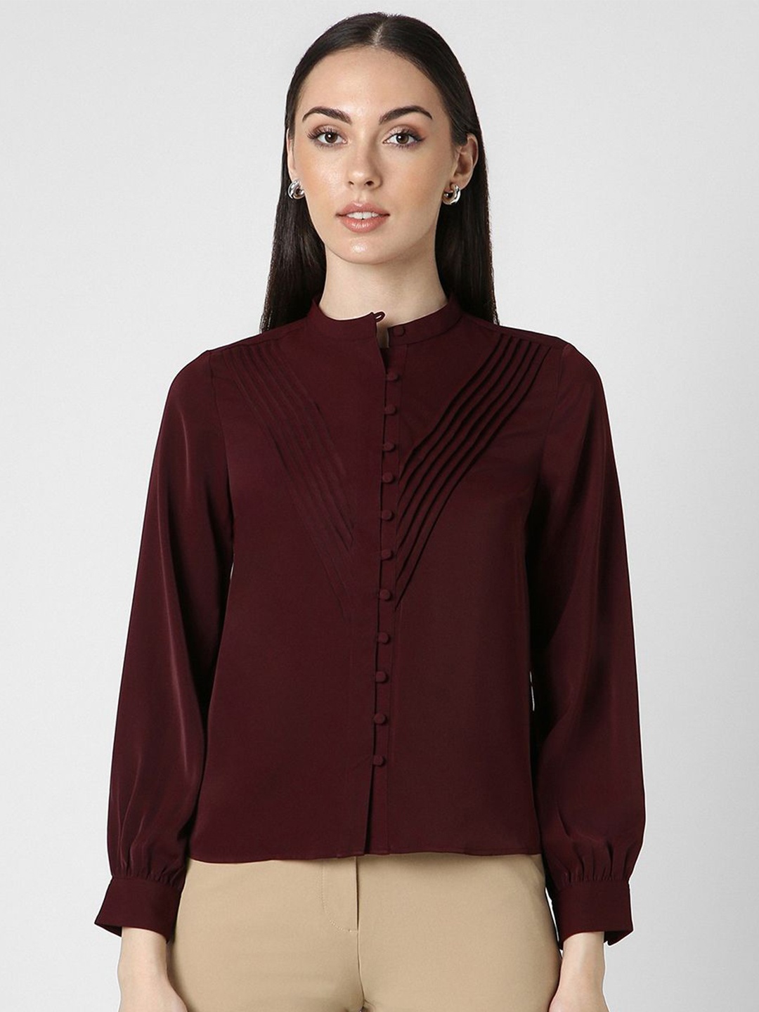 

Van Heusen Woman Band Collar Solid Casual Shirt, Maroon