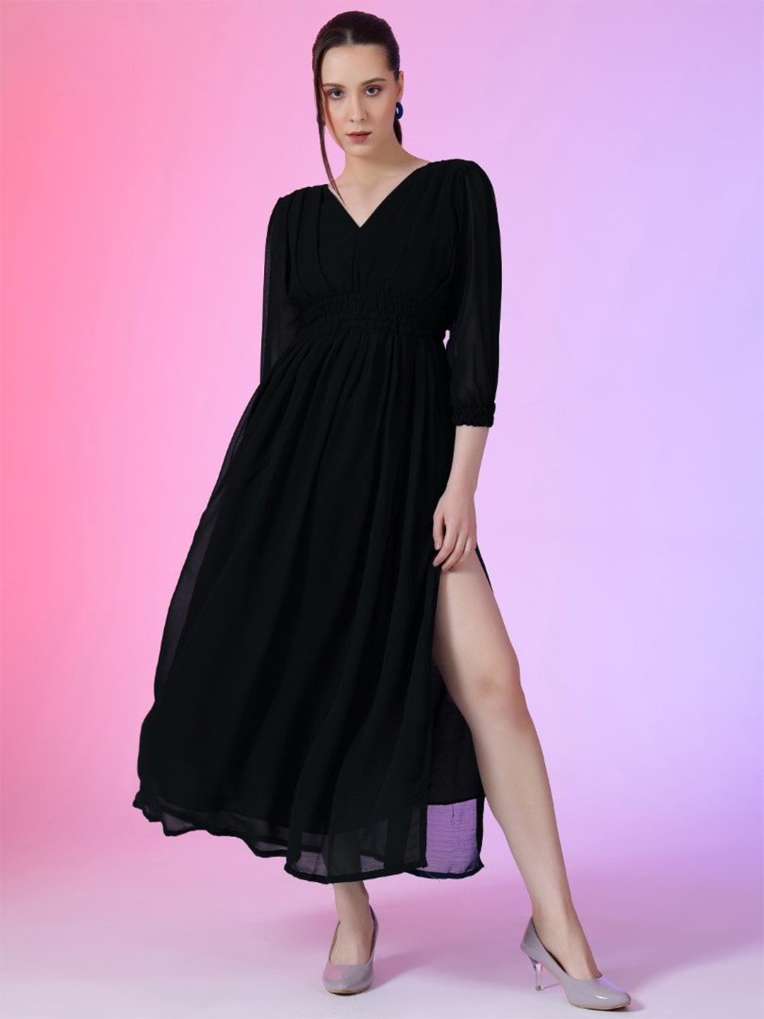 

Raiyani Enterprise Georgette Fit & Flare Maxi Dress, Black