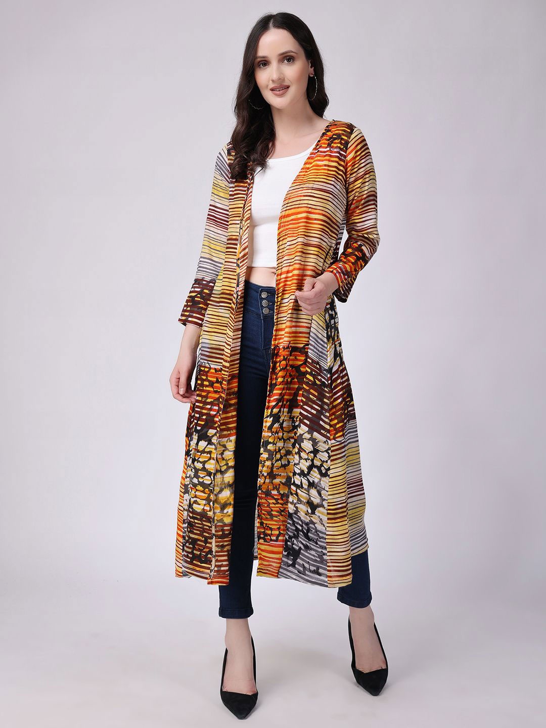 

MINOS Women Printed Longline Shrug, Yellow