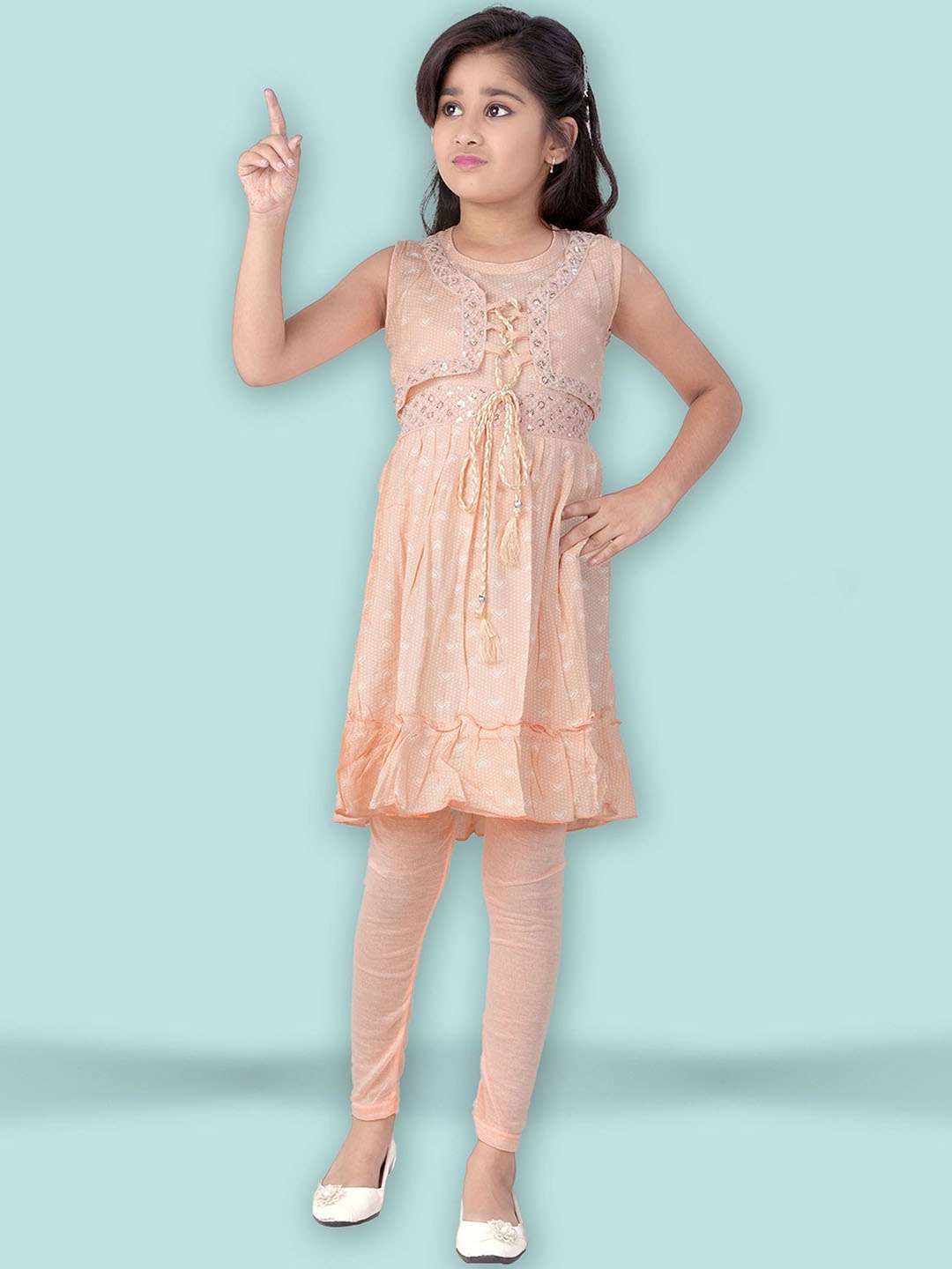 

BURBN Girls Conversational Printed Sequinned A-Line Kurta with Leggings, Peach