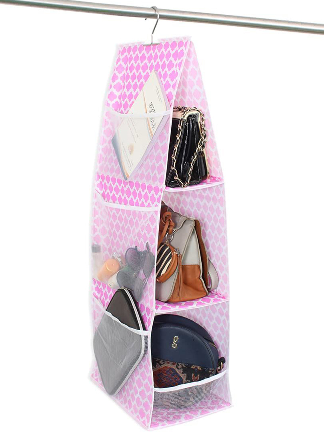 

prettykrafts Pink & White Geometric Printed Foldable Hanging Organiser