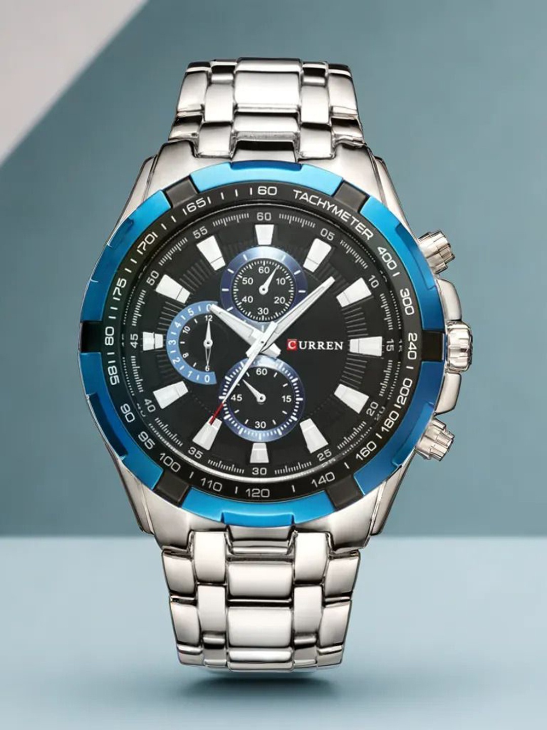 

Curren Men Embellished Dial & Stainless Steel Cuff Straps Analogue Watch 013 blue, Silver