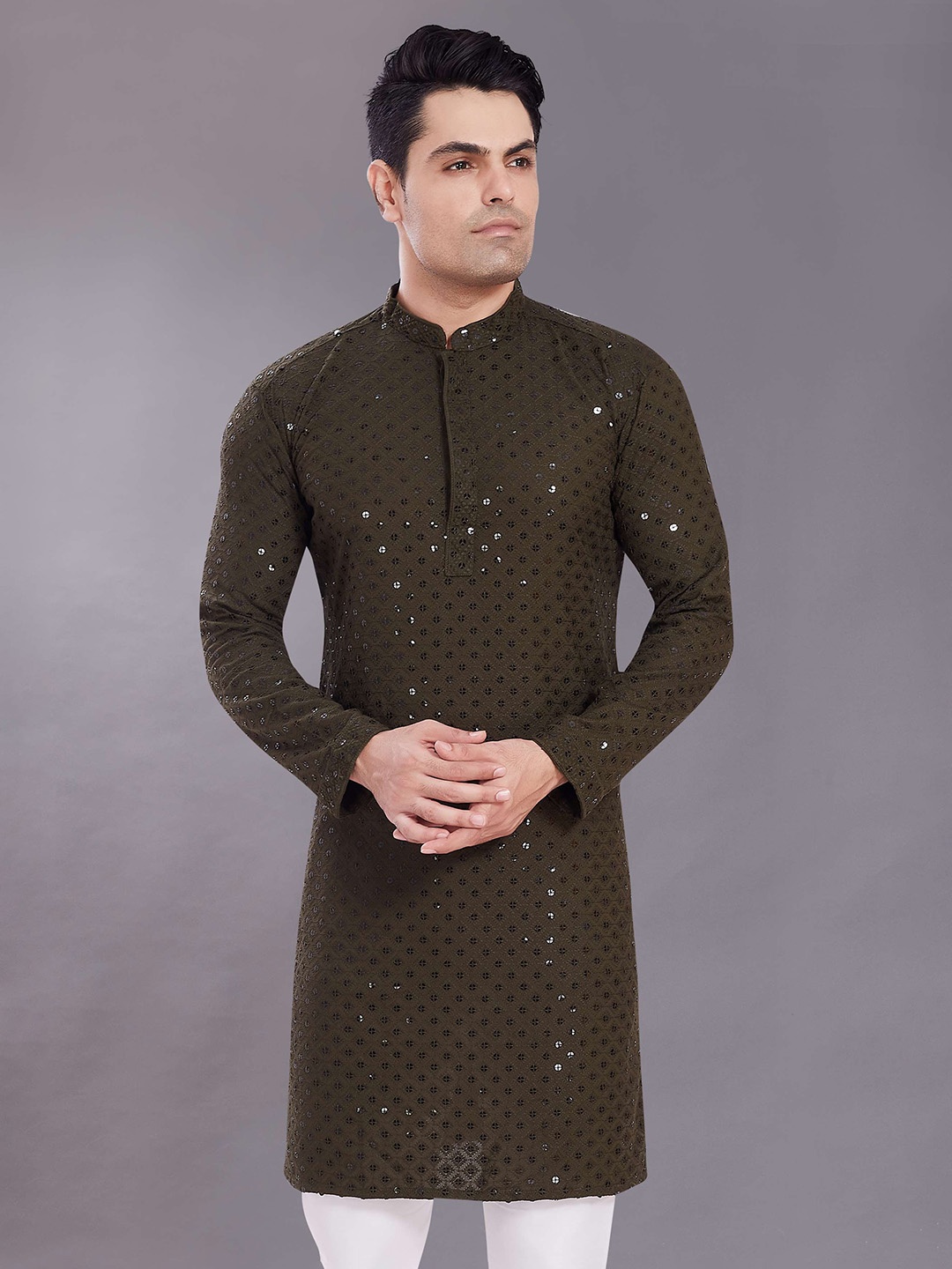 

DIVISIVE Men Geometric Thread Work Kurta, Green