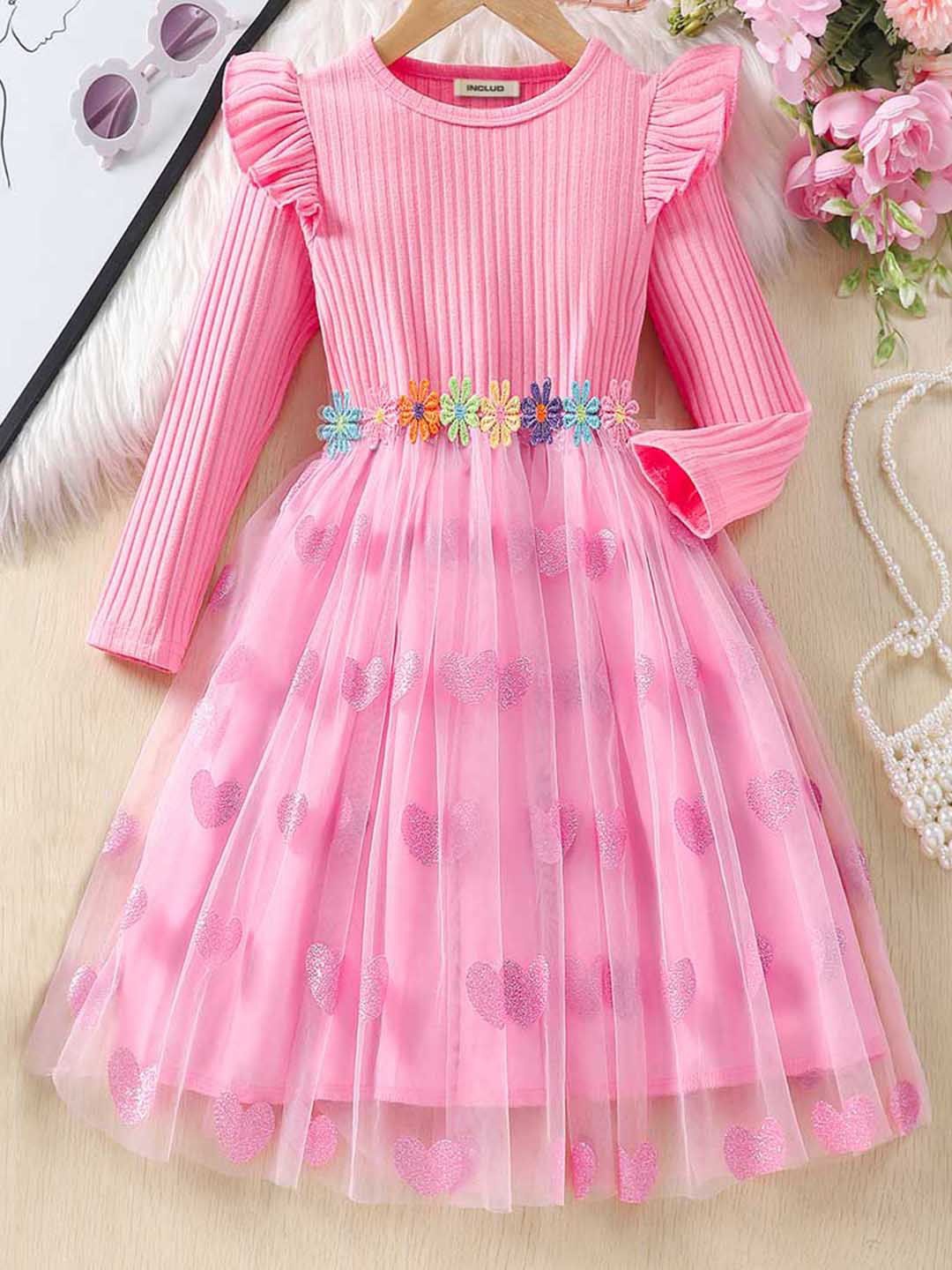 

INCLUD Girls Solid Embellished Fit & Flare Party Dress, Pink
