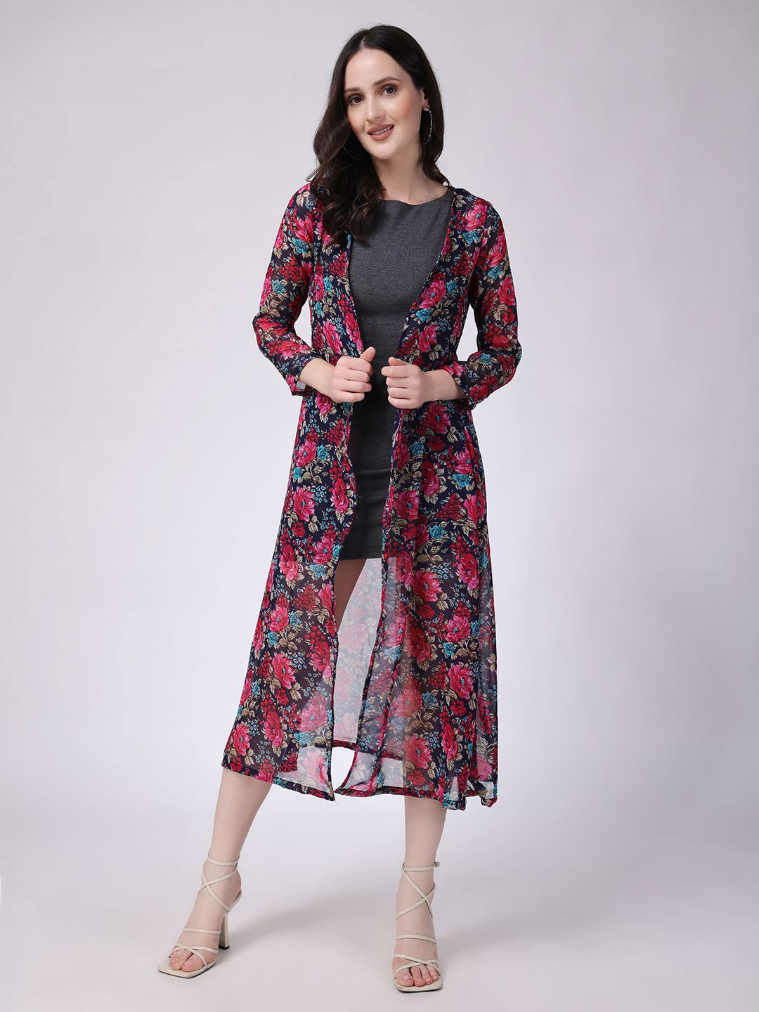 

MINOS Women Printed Longline Shrug, Black