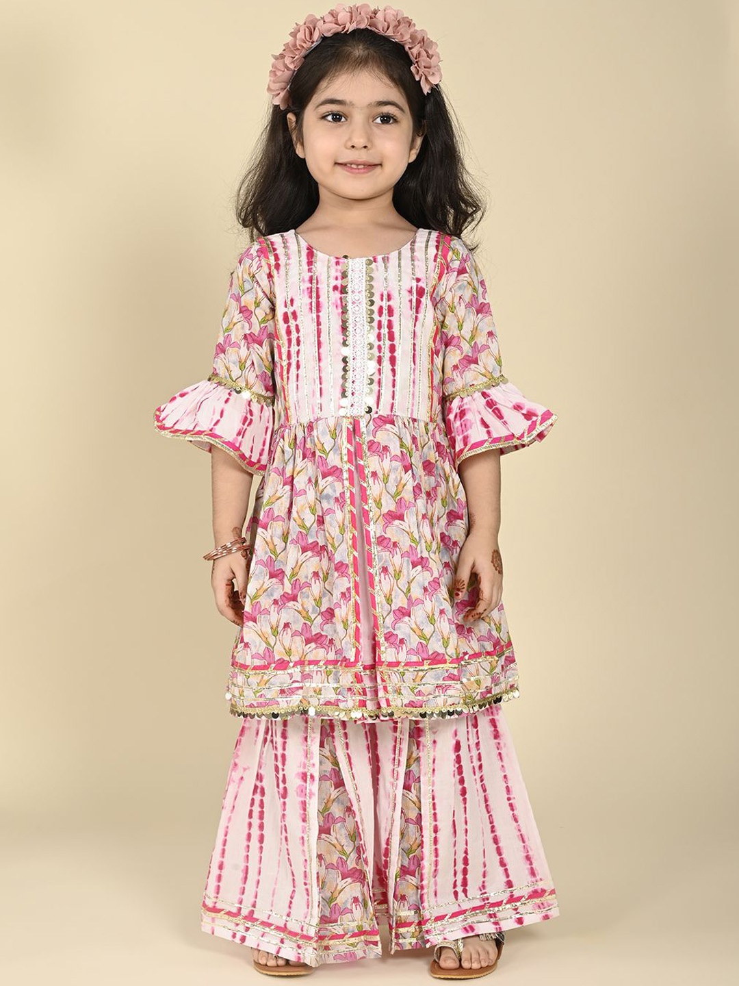 

LIL PITAARA Girls Floral Printed Bell Sleeves Pure Cotton A-Line Kurta with Sharara, Pink