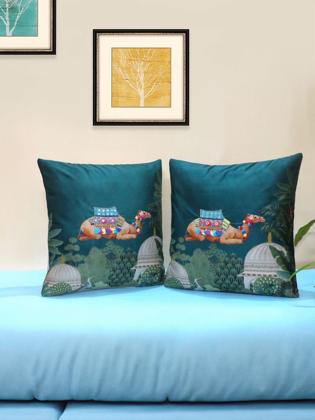 

Mid July Home Teal & Brown 2 Pieces Ethnic Motifs Velvet Square Cushion Covers
