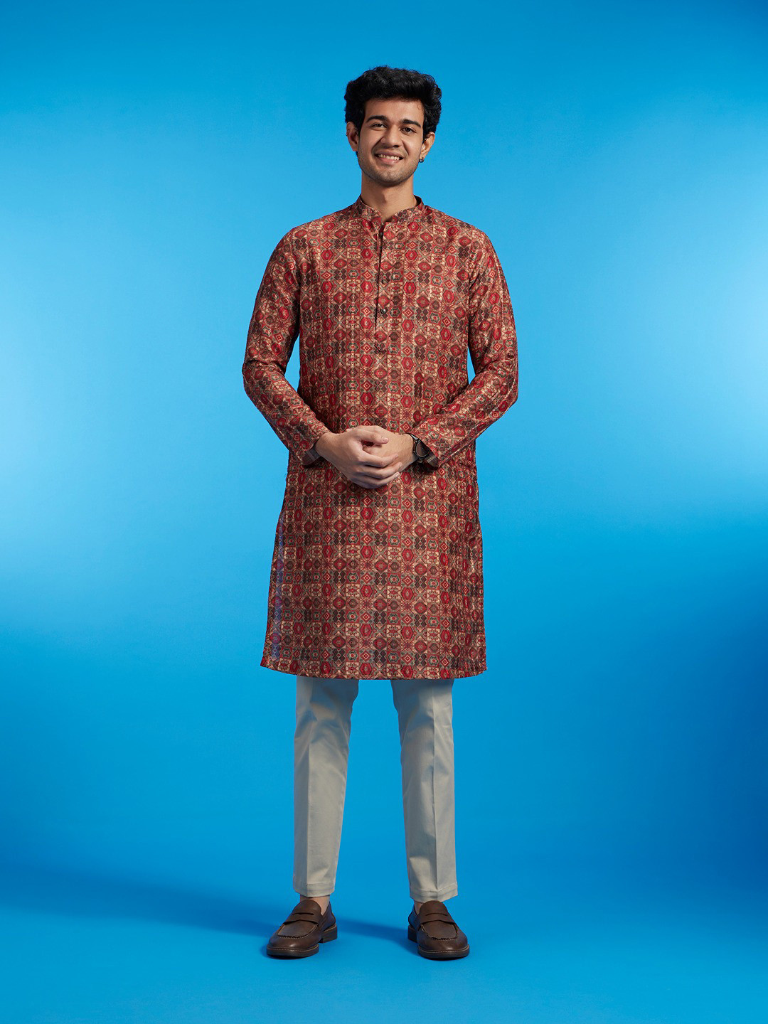

Diwas by Manyavar Ethnic Motifs Printed Mandarin Collar Straight Kurta, Rust