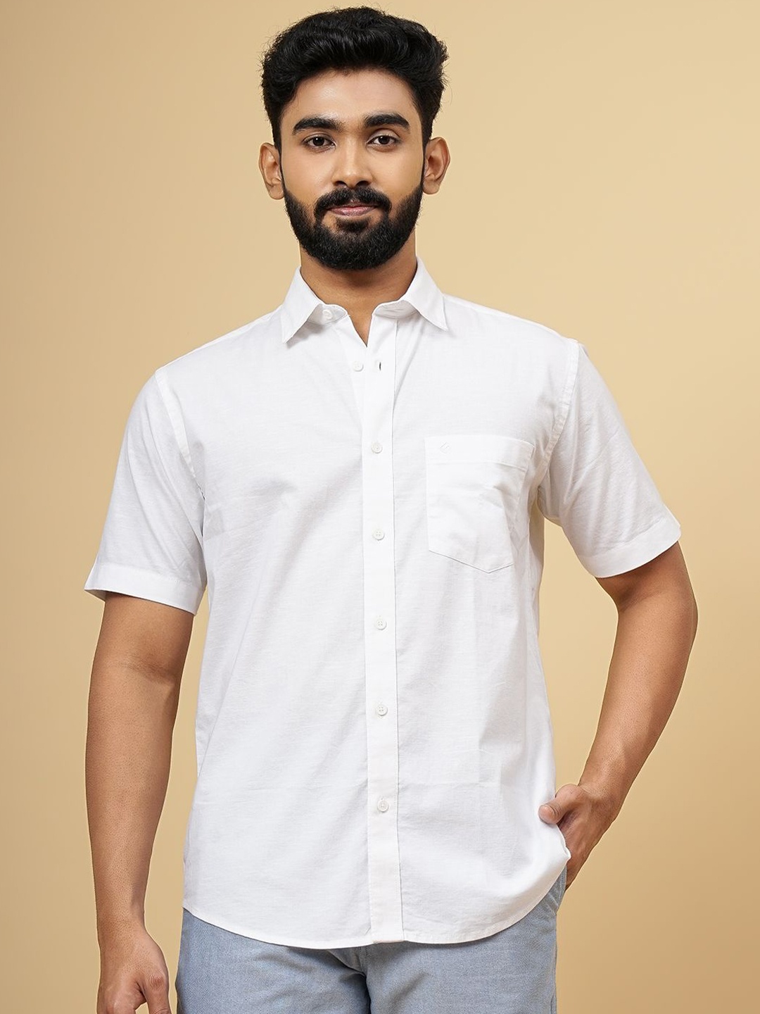

Greenfibre Men Spread Collar Solid Cotton Casual Shirt, White