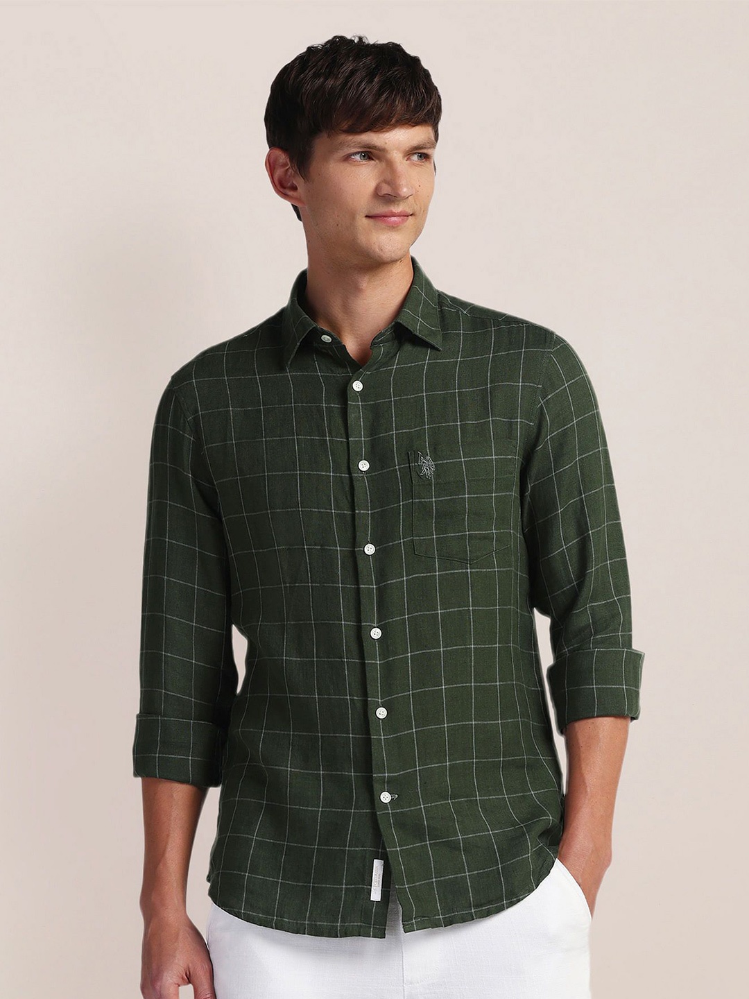 

U.S. Polo Assn. Men Spread Collar Checked Linen Casual Shirt, Green