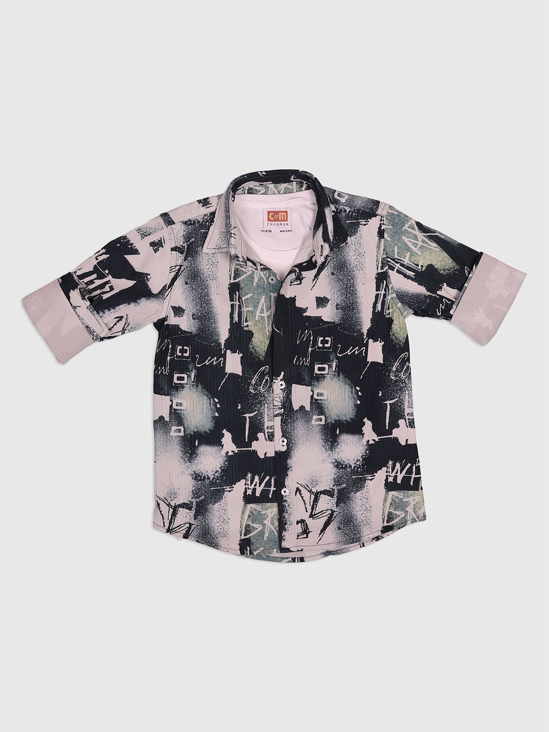 

CHUNMUN Boys Spread Collar Abstract Printed Cotton Casual Shirt, Peach