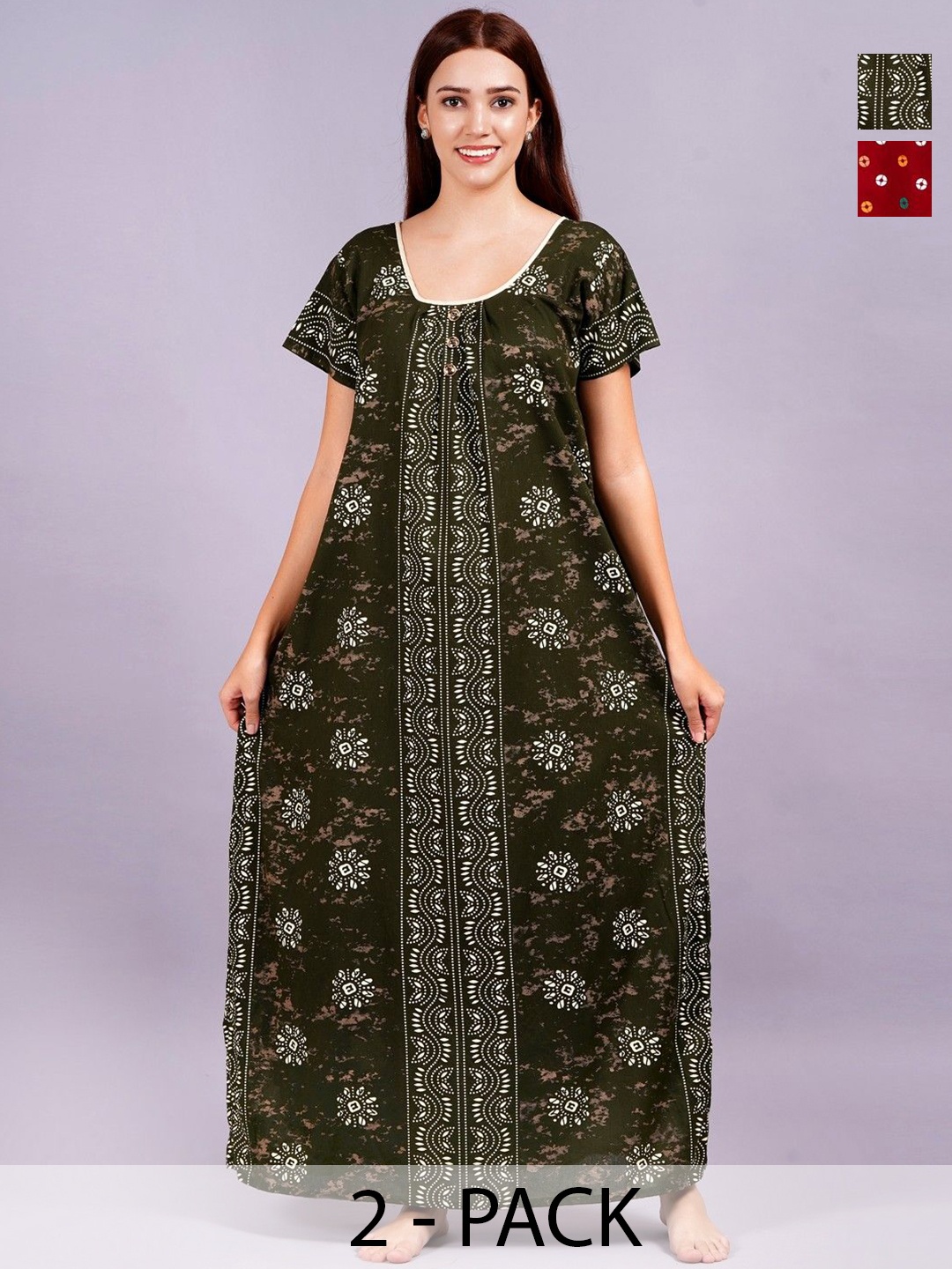 

Breezly Women Pack of 2 Printed Pure Cotton Maxi Nightdress, Green