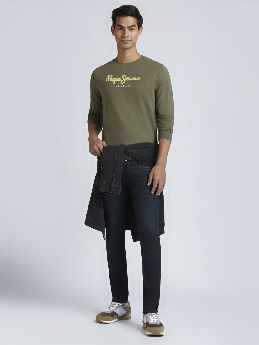 

Pepe Jeans Men Typography Printed Round Neck Pure Cotton T-shirt, Olive