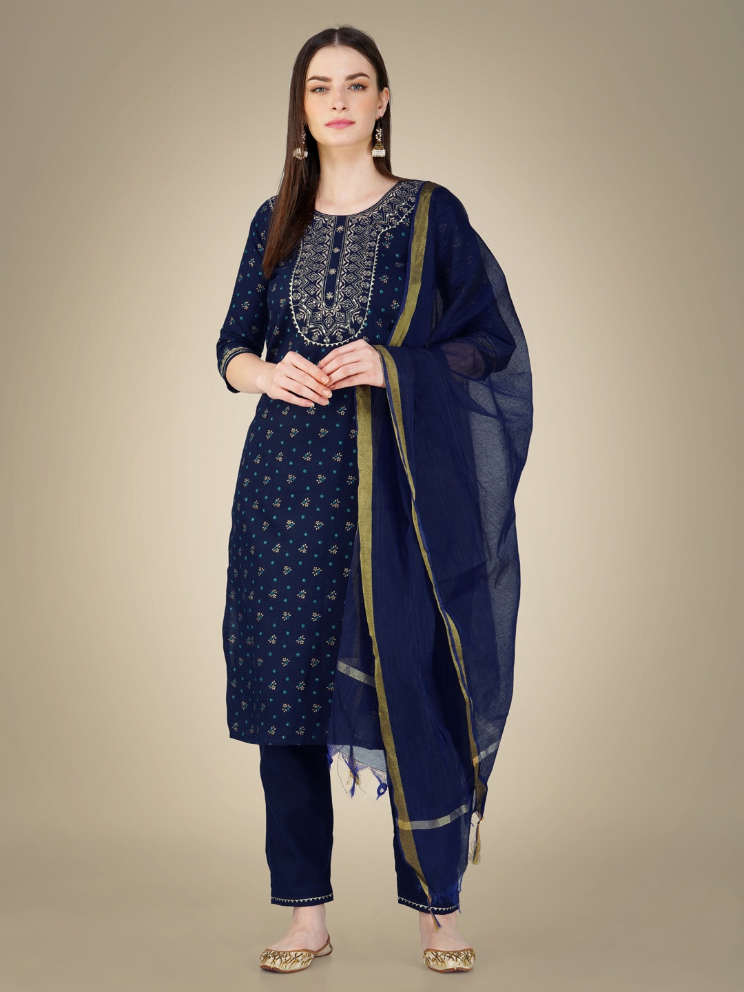 

KAYOMMI Floral Printed Round Neck Straight Kurta with Trousers & Dupatta, Navy blue