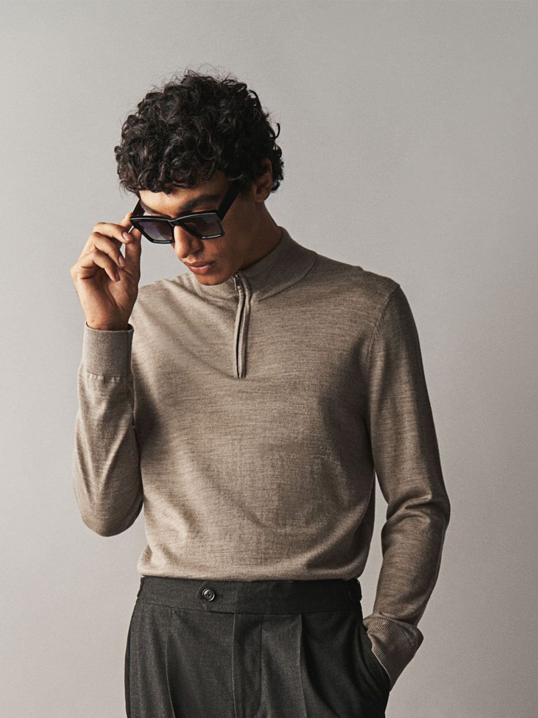 

H&M Slim Fit Zip-Top Merino Wool Jumper, Beige