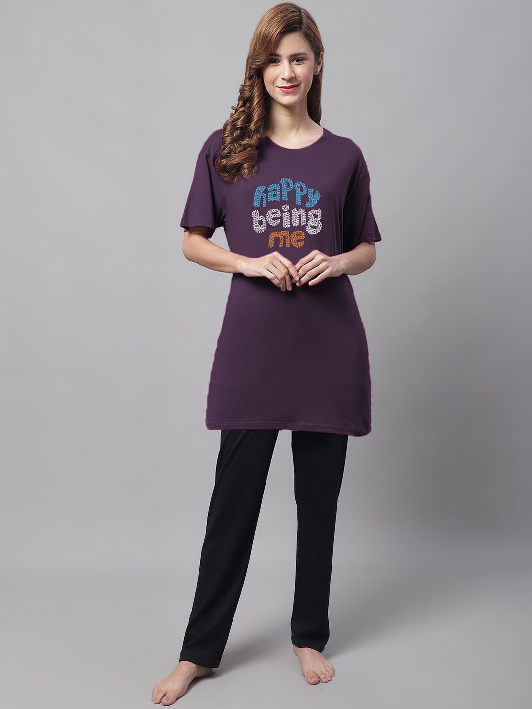 

Kanvin Women Typography Printed Night suit, Purple