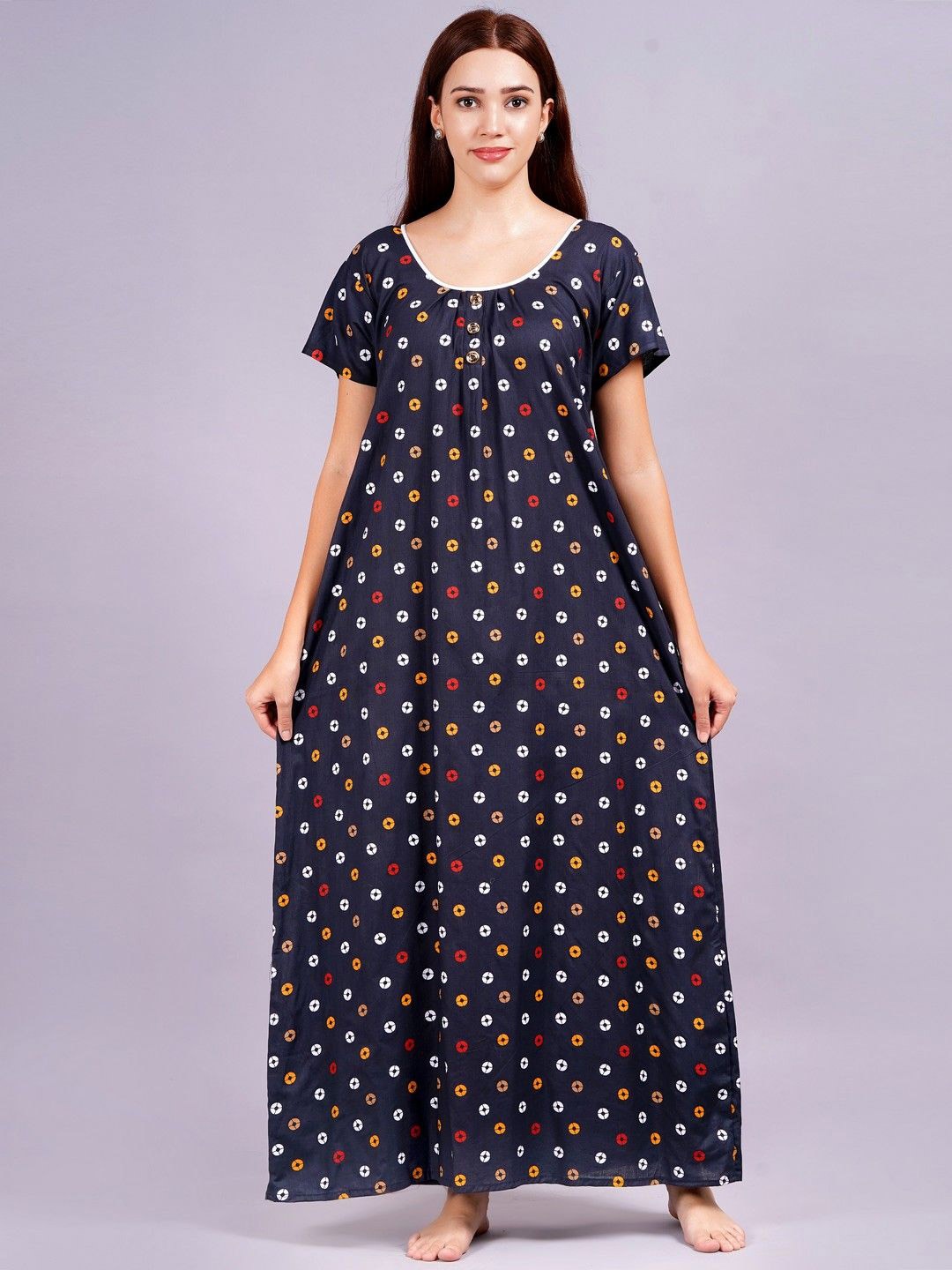 

Breezly Women Pure Cotton Printed Maxi Nightdress, Navy blue