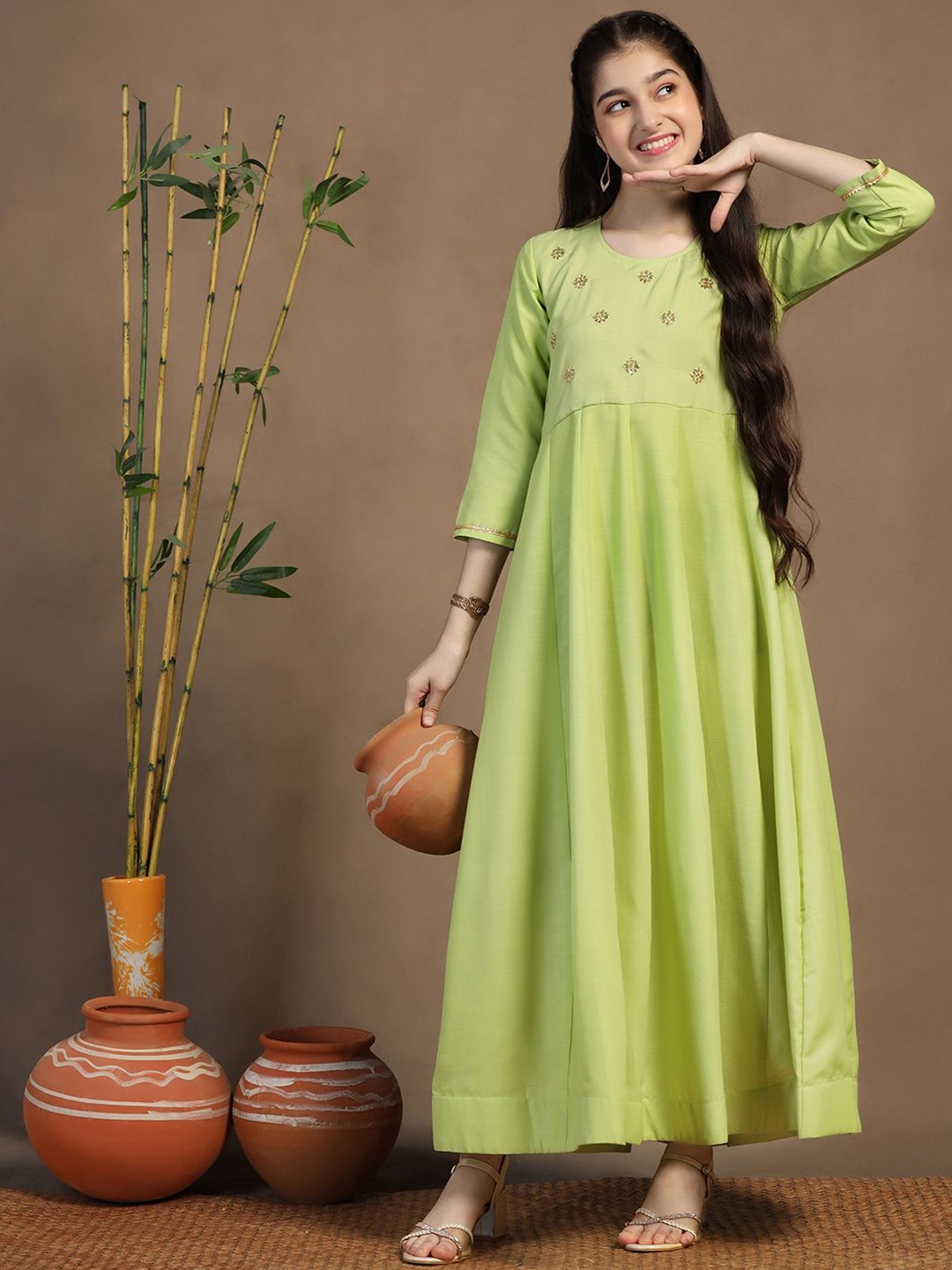 

FASHION DREAM Girls Round Neck Ankle Length Anarkali Ethnic Dresses, Green