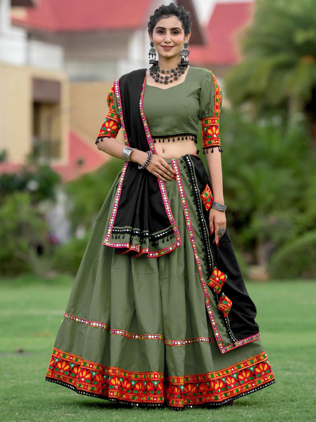 

ODETTE Mirror Work Cotton Ready to Wear Lehenga & Unstitched Blouse With Dupatta, Olive