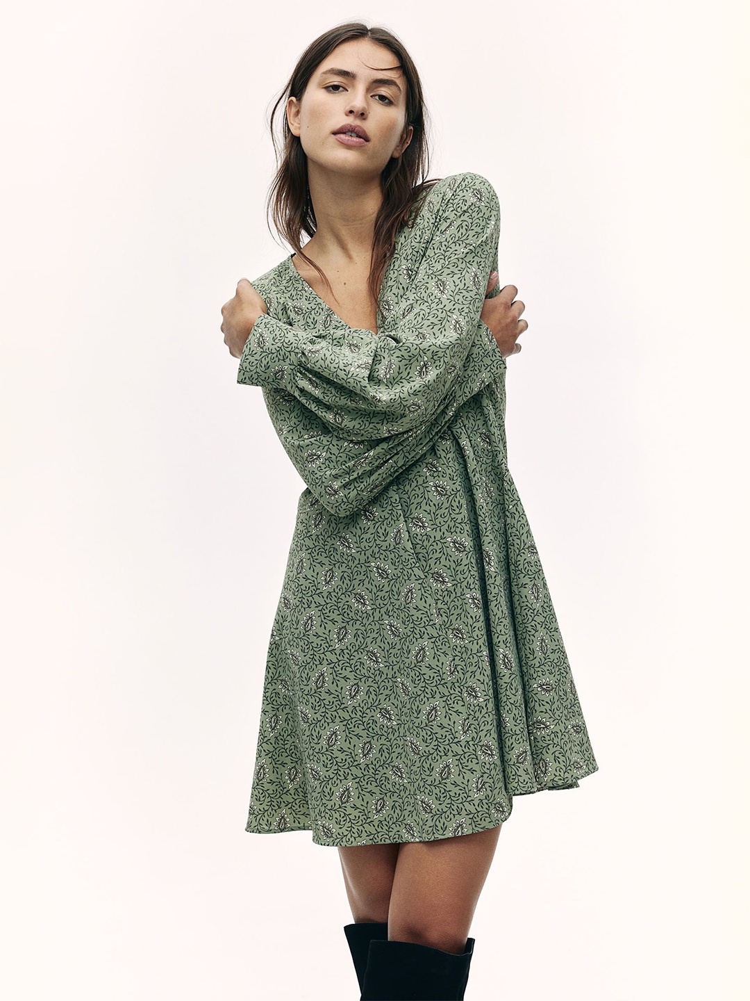 

H&M Women Printed Flared Dress, Green