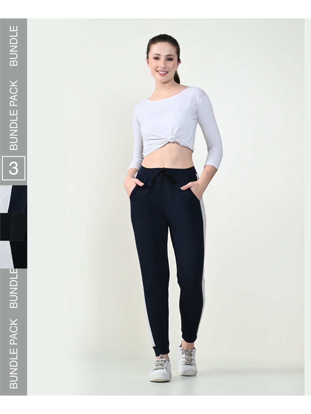 

BAESD Women Pack Of 3 Cotton Mid-Rise Joggers, Navy blue