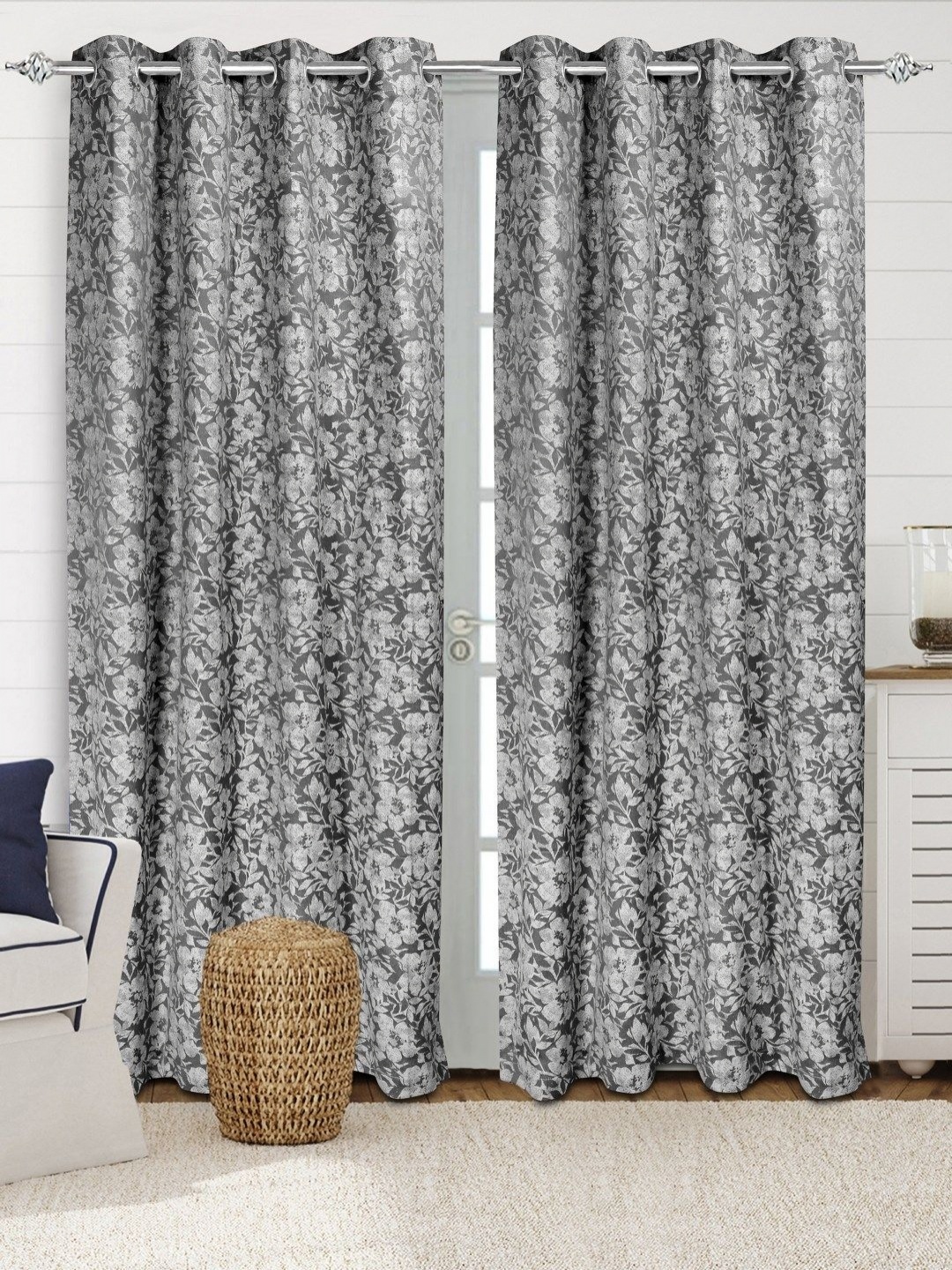 

Saral Home Grey & White 2 Pieces Floral Printed Cotton Room Darkening Door Curtains