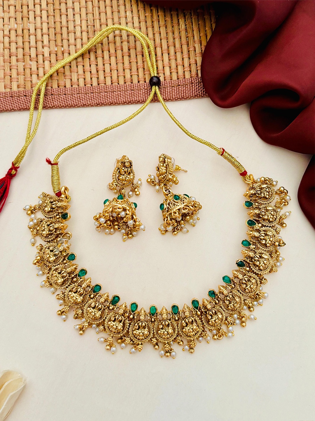 

ABDESIGNS Sophisticated Gold-Plated Stone-Studded & Beaded Lakshmi God Jewellery Set