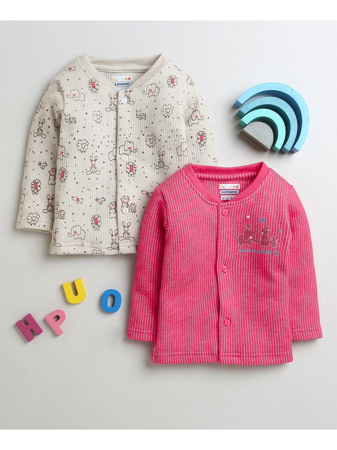 

BUMZEE Infants Girls Pack Of 2 Striped Cotton Thermal Tops, Beige