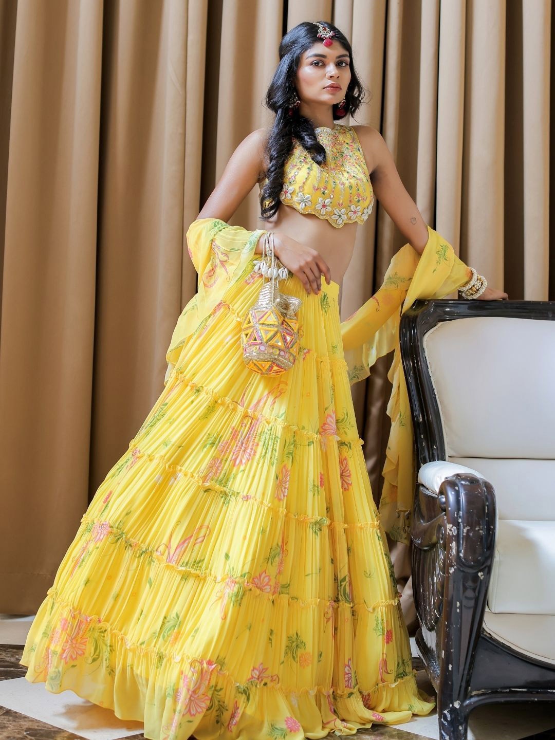 

Foram patel Floral Printed Tiered Ready to Wear Lehenga Set, Yellow