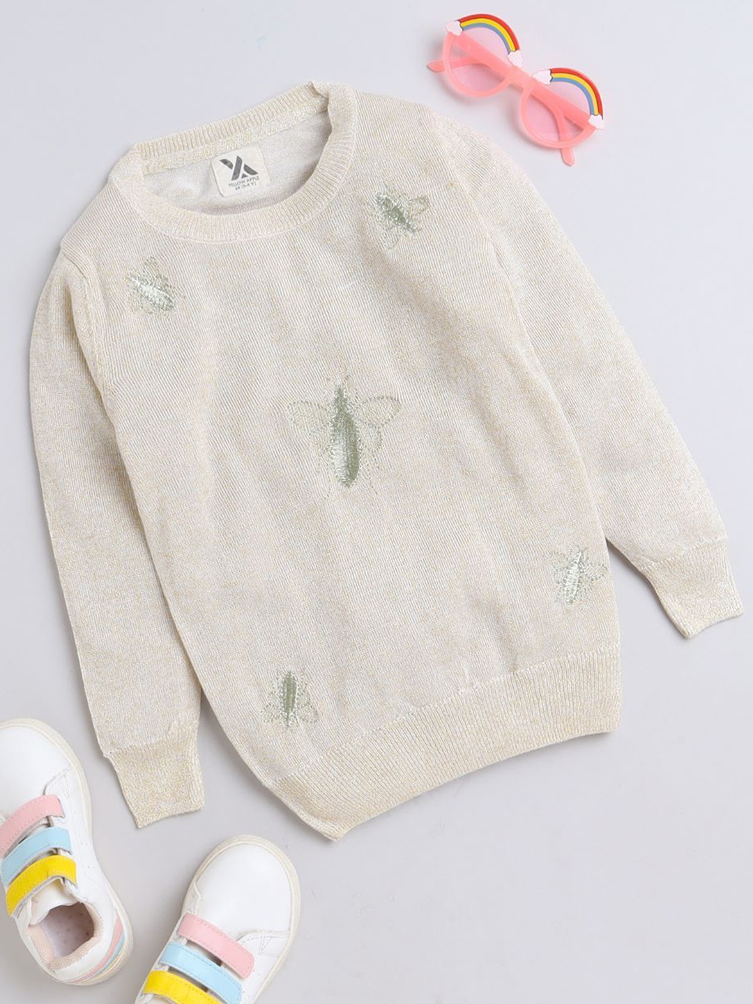 

Yellow Apple Girls Round Neck Embroidered Woollen Pullover Sweaters, Off white