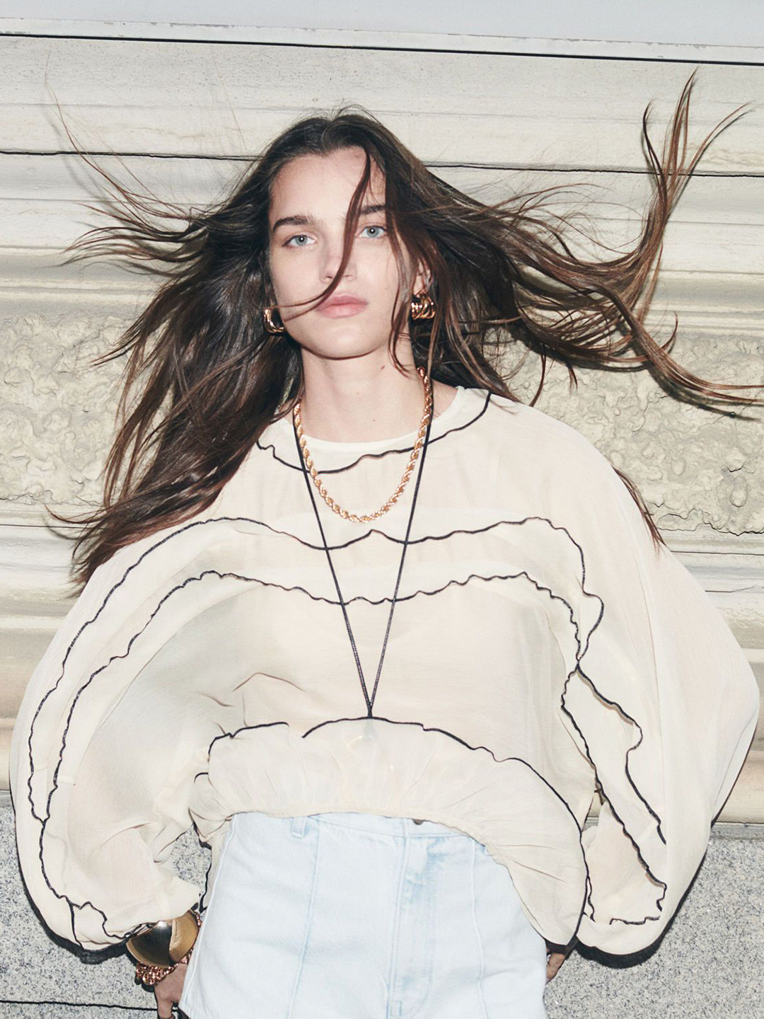 

H&M Flounce-Trimmed Chiffon Blouse, Beige