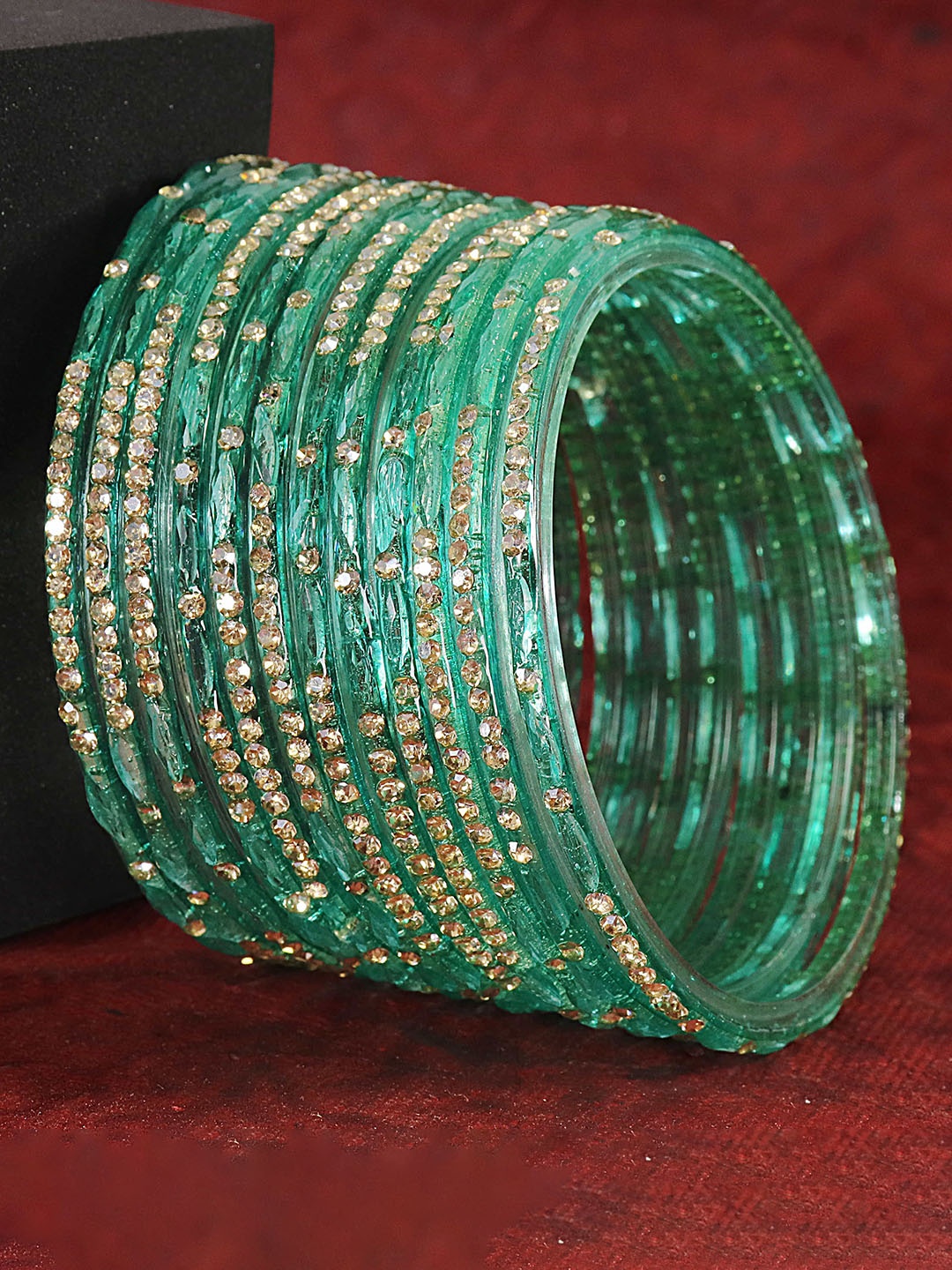 

LAVAZZA Set Of 12 Zircon Diamond & Beads Work Glass Bangles, Turquoise blue