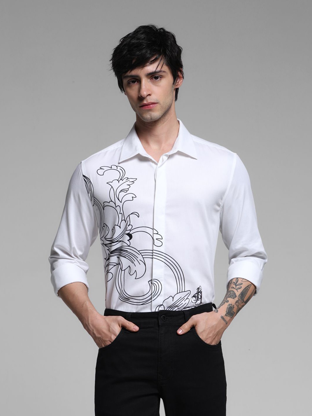 

Jack & Jones Men Cutaway Collar Floral Printed Cotton Slim Fit Casual Shirt, White