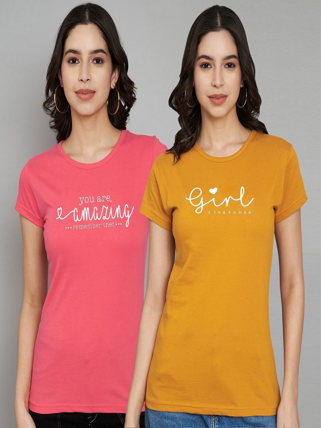 

Trend Level Women Pack Of 2 Typography Printed Round Neck Cotton T-shirts, Coral