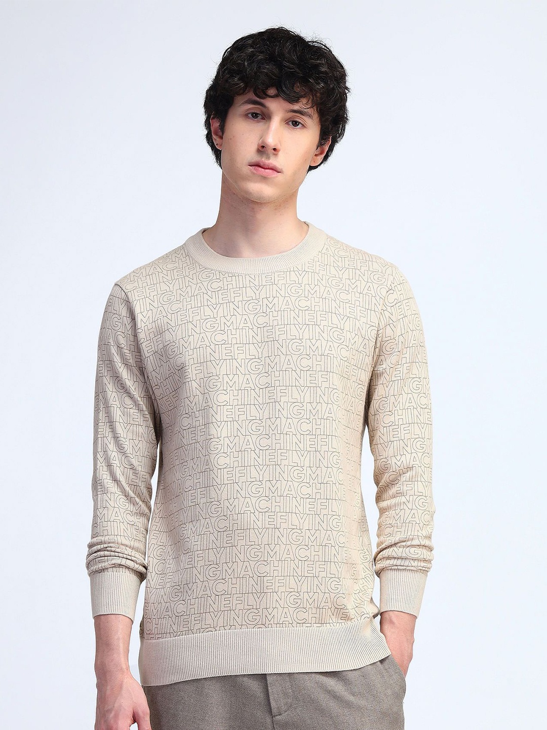 

Flying Machine Men Cotton Typography Printed Pullover Sweater, Beige