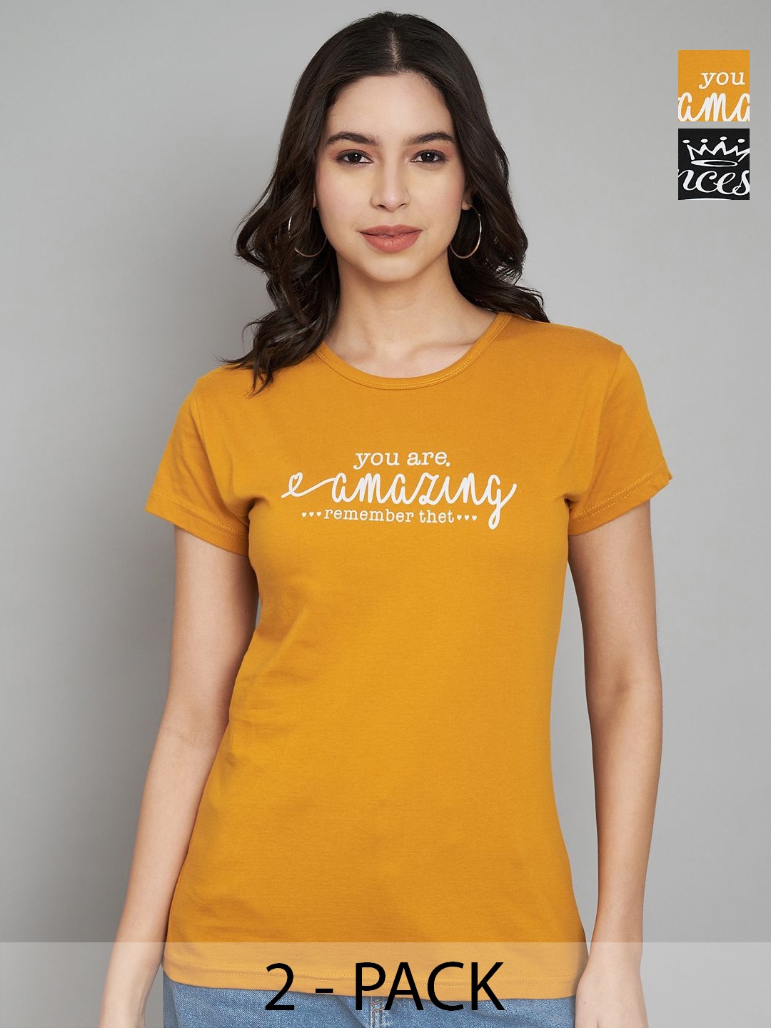 

Trend Level Women Pack Of 2 Typography Printed Round Neck Cotton T-shirts, Mustard
